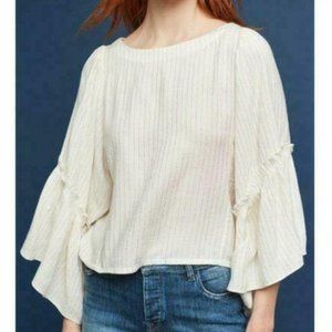 Anthropologie Floreat Cream and Gold Striped Top with Tiered Ruffle Slee…
